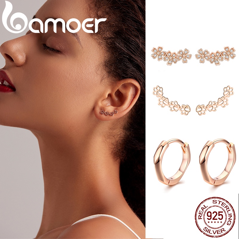 Bamoer Brincos Prata 925 Ouro Rosa Flor Minimalista Presente​