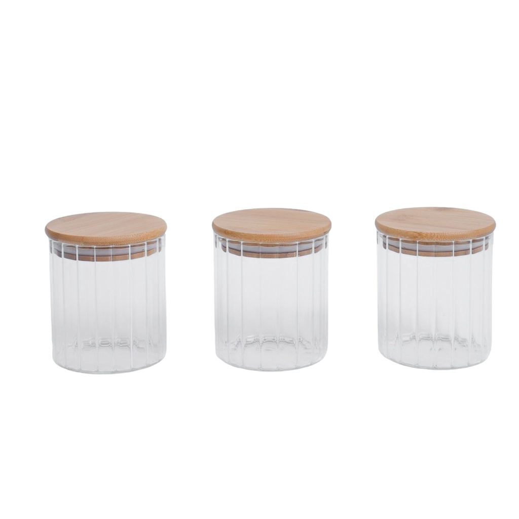 Kit 3 potes vidro canelado com tampa de bambu 500ml - Oikos - Home & Living