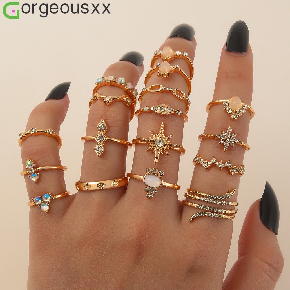 17pcs/set Vintage Vários Formatos Anel De Cristal Para Mulher Estrela Anéis Poliarticulares Irregulares Acessórios De Jóias Festa