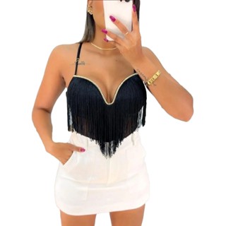 Body Feminino Tule Transparente Decotado Alcinha Brilho Festa Franjas