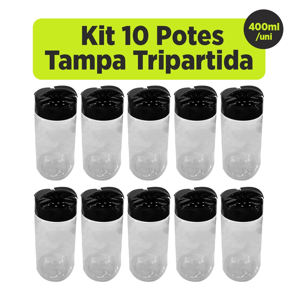 Kit 10 Potes para Tempero 400ml Tampa Tripartida - Home & Living