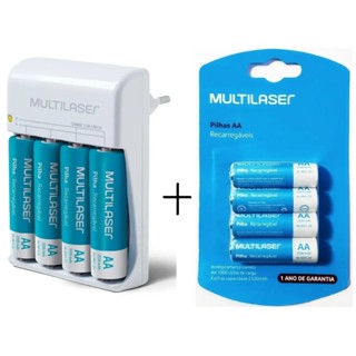Kit Carregador De Pilhas Mais 8 Pilhas Aa Recarregáveis 2500 mah 1.2v Multilaser