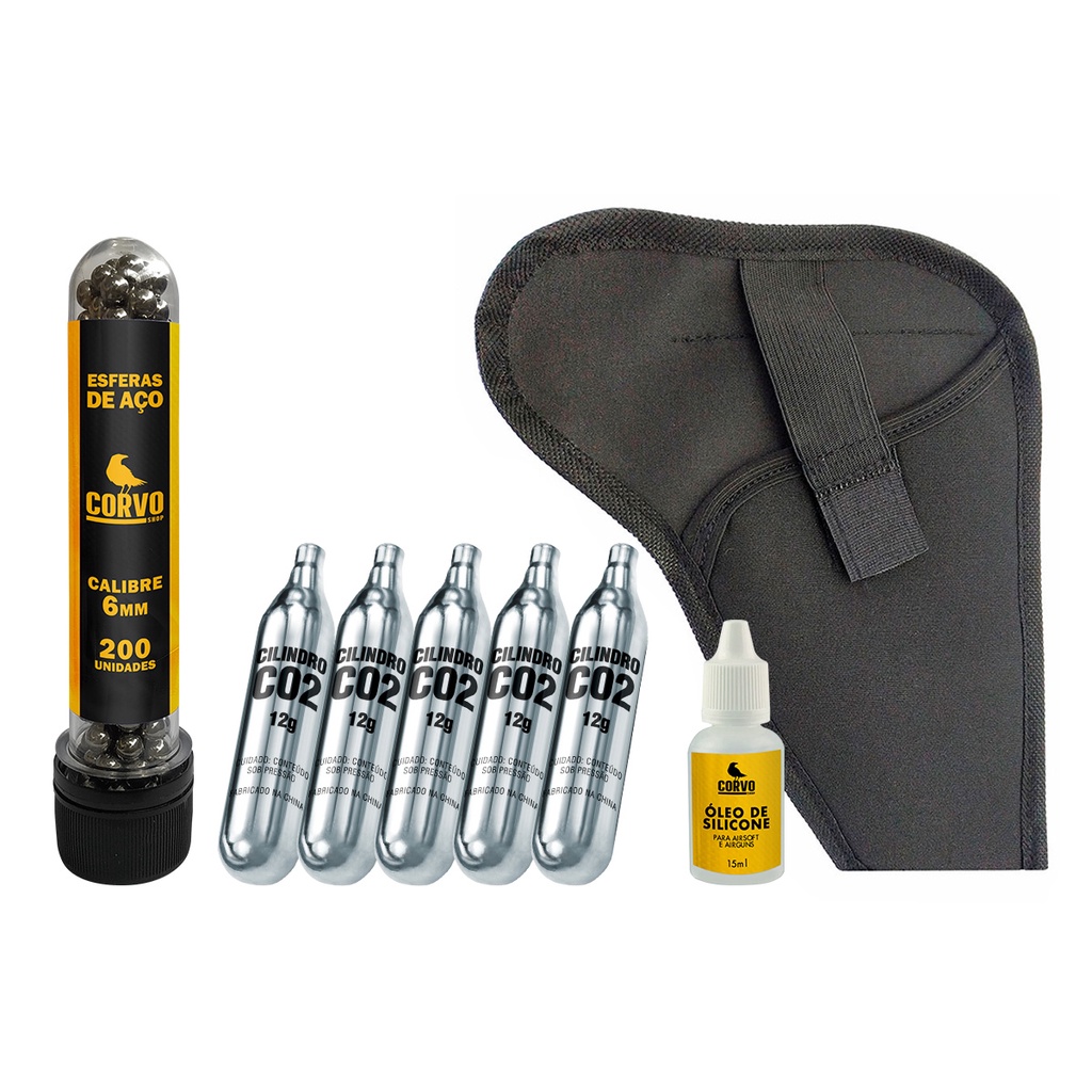 Cápsula Co2 12g Kit 5 Cilindros com Coldre Neoprene , 200 Esferas de Aço Cal. 6.0mm e Silicone 15ml
