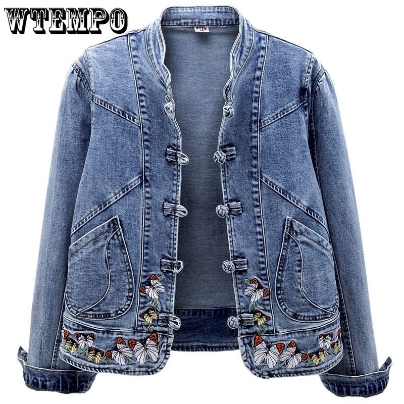 Jaqueta jeans curta vintage chinoiserie bordado stretch jaqueta feminina primavera e outono combina com tudo moda Harajuku slim Tops