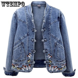 Jaqueta jeans curta vintage chinoiserie bordado stretch jaqueta feminina primavera e outono combina com tudo moda Harajuku slim Tops