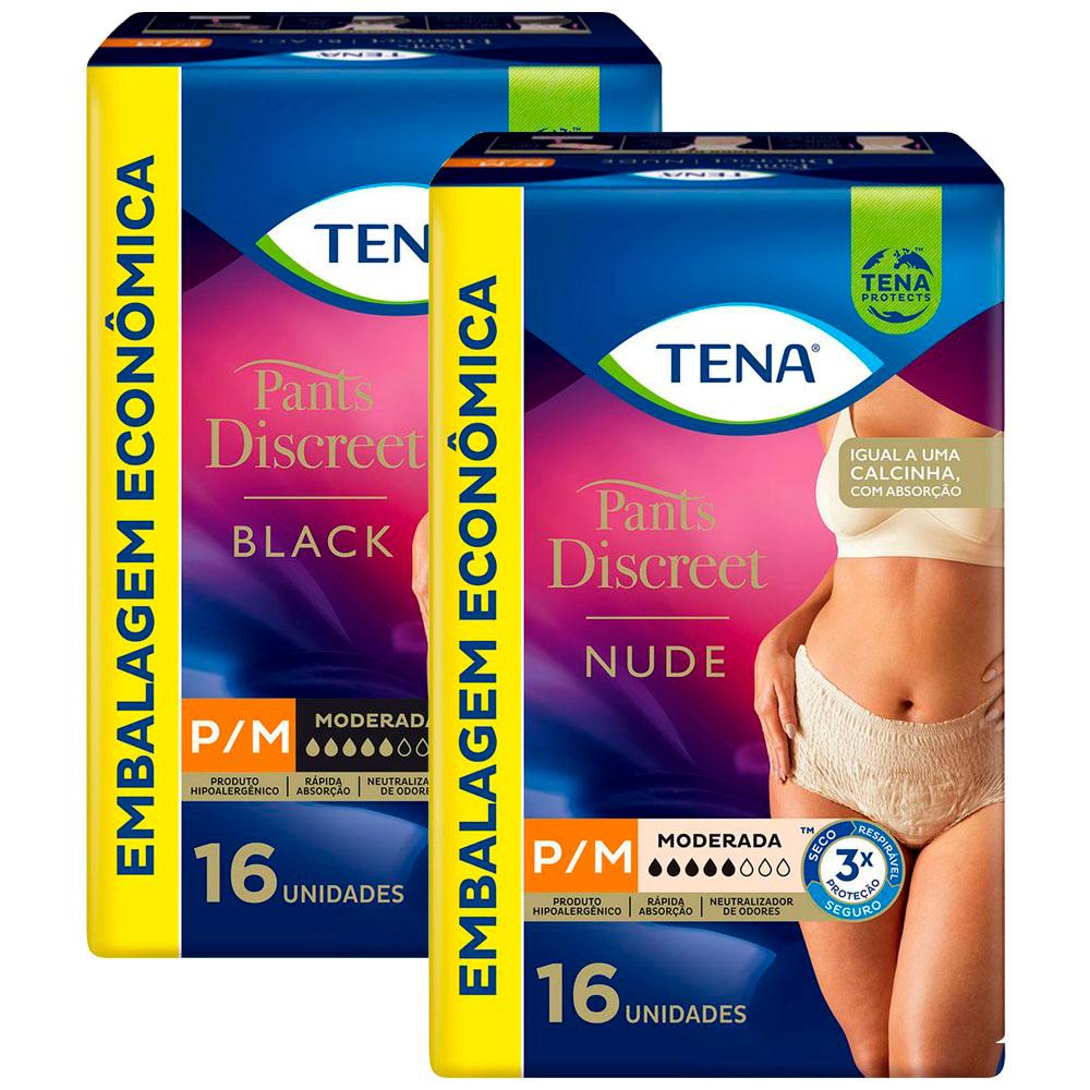 Kit Calcinha Descartável Tena Pants Discreet Nude P/M 16 Unidades +  Calcinha Descartável Tena Pants Discreet Preta P/M 16 Unidades - Health