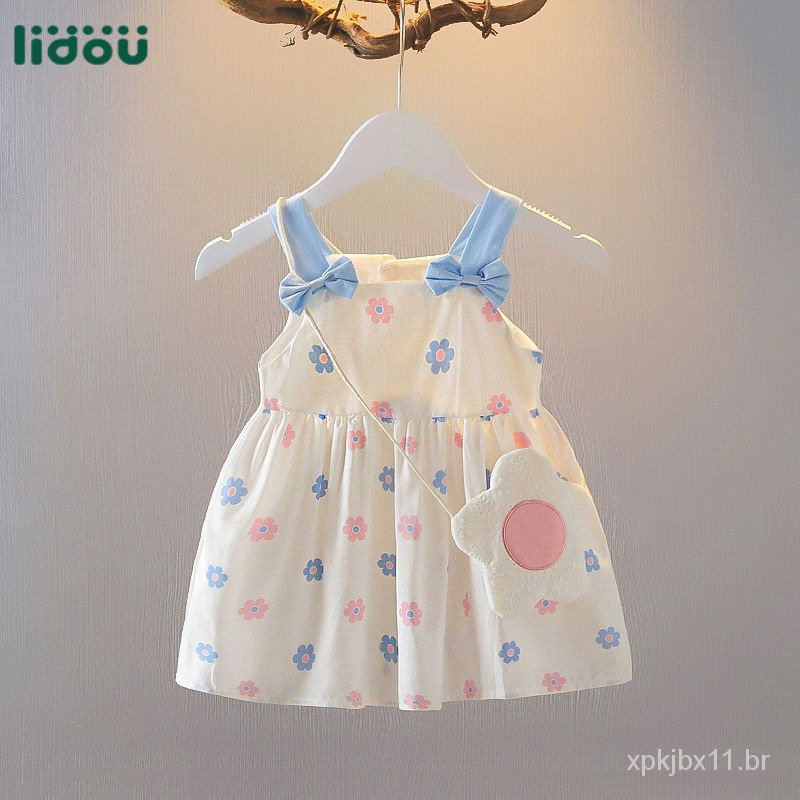 Verão coreano princesa meninas 2023 vestidos de bebê com bolsa de flor impressão roupas infantis H6YE