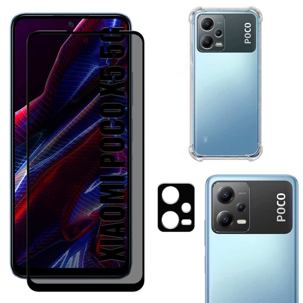 Kit Para Poco X5 5g | Película de Privacidade 3D - Capa Anti Shock - Película da Câmera 3D