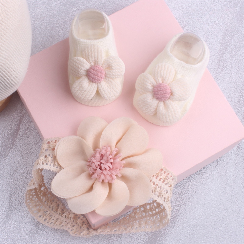 2 Pcs Set Flower Baby Socks Conjunto De Meias Para Bebês Antiderrapantes Girl Lace Hair Acessórios 0-12 Meses em Oferta na Shopee