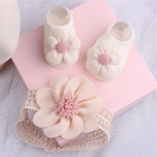 2 Pcs Set Flower Baby Socks Conjunto De Meias Para Bebês Antiderrapantes Girl Lace Hair Acessórios 0-12 Meses em Oferta na Shopee