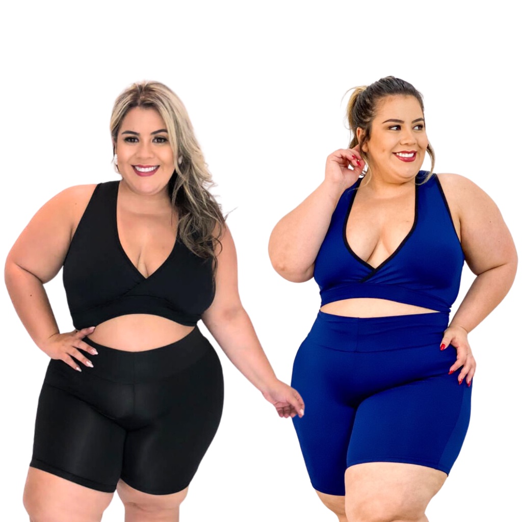 Kit de 2 Conjuntos Fitness Feminino Plus Size Short e Top Roupa de Academia Ginástica Caminhada