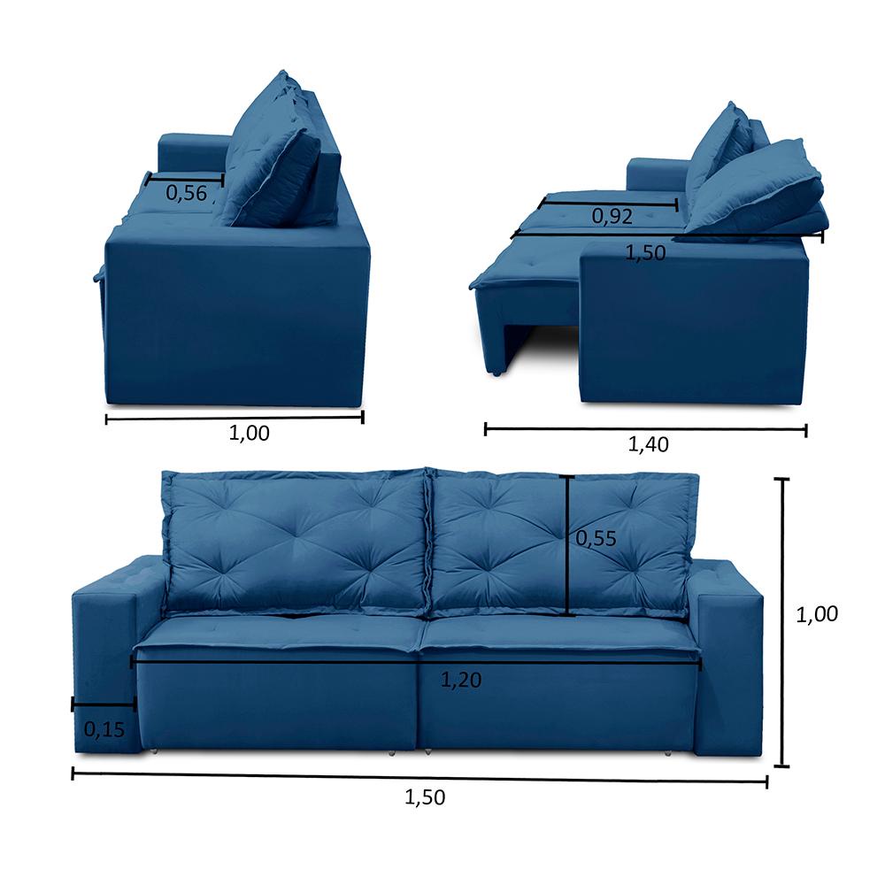 Detalhes do Sofá Retrátil e Reclinável 2 lugares com Molas 1,50m Ana Suede Azul Adonai Estofados