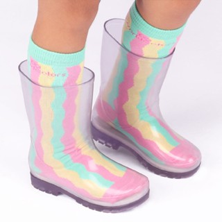 Kit Bota Galocha Transparente Infantil Com Meia Listrada Ondulada Divertida WorldColors
