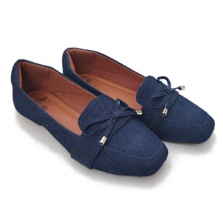Mocassim bico quadrado jeans com laço CONFORT