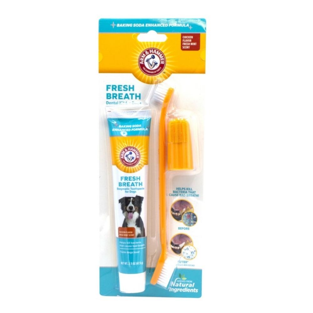 Kit Dental Pasta Enzimática Escova e Dedeira Fresh Breath Hálito Fresco Para Cães Sabor Frango Arm & Hammer