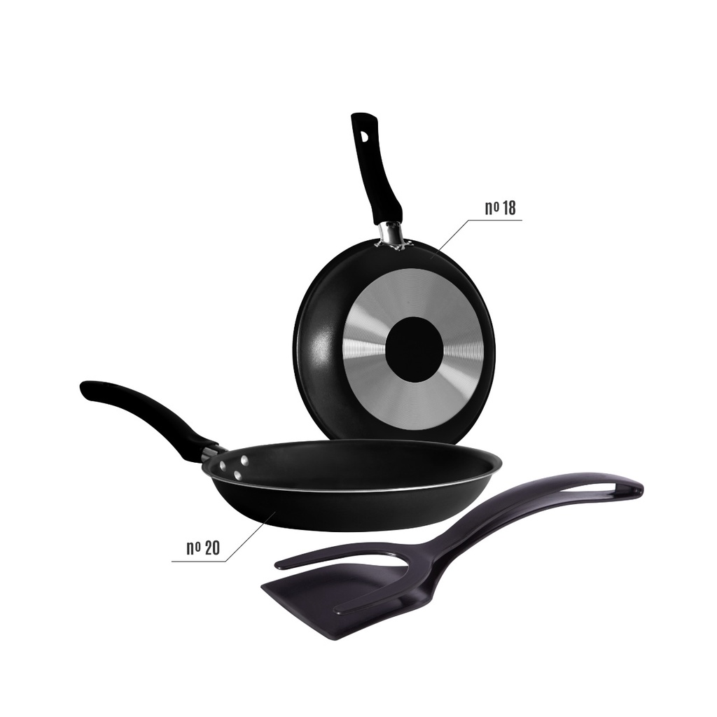 Jogo de Frigideira Antiaderente 2 Peças + Espátula Simples Tamanho 18 cm e 20 cm