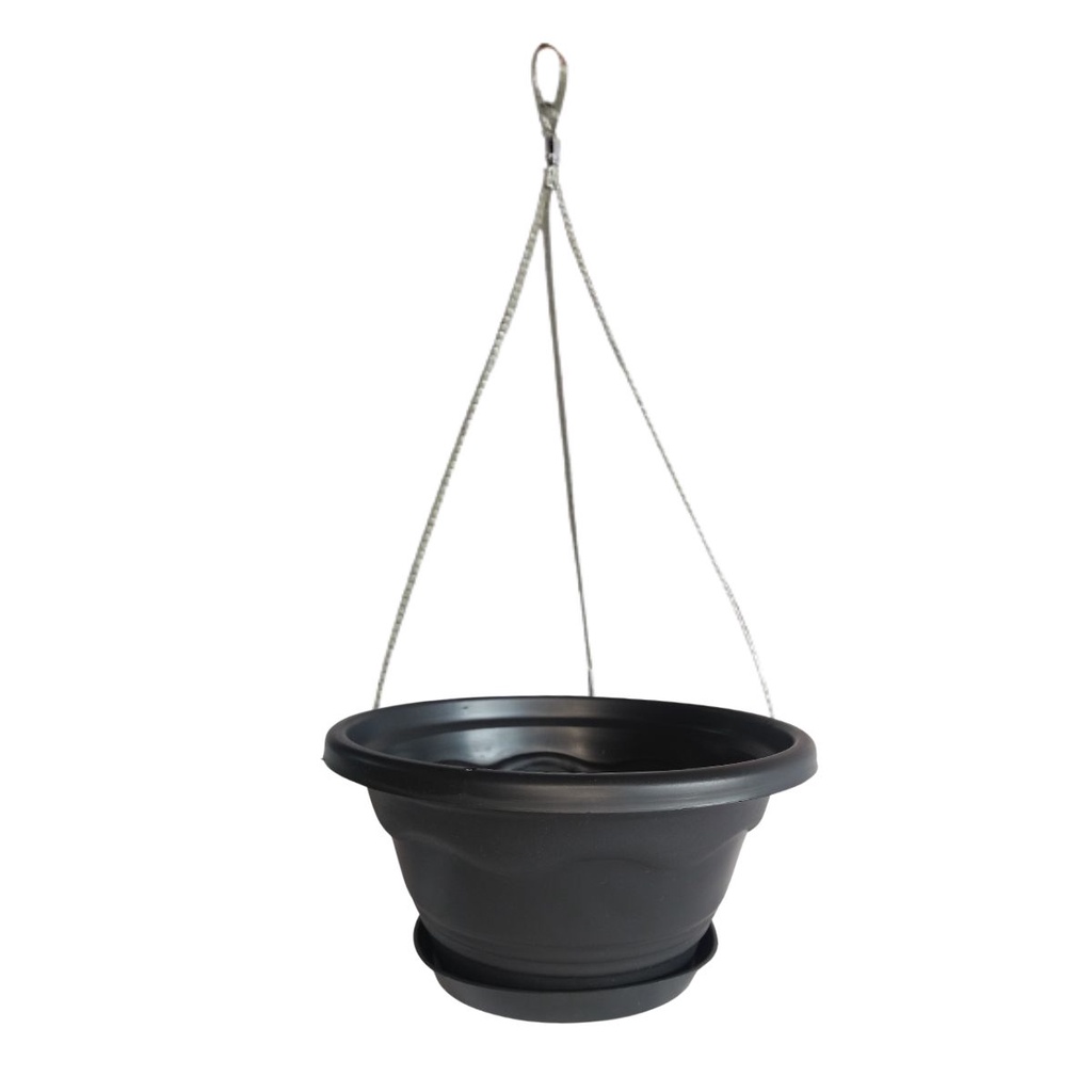 Kit Vaso Cuia Suspenso Pendente Completo Para Plantas Como Samambaia Avenca Com Prato 01 Preto + Cabo de Aço 44cm - 1927