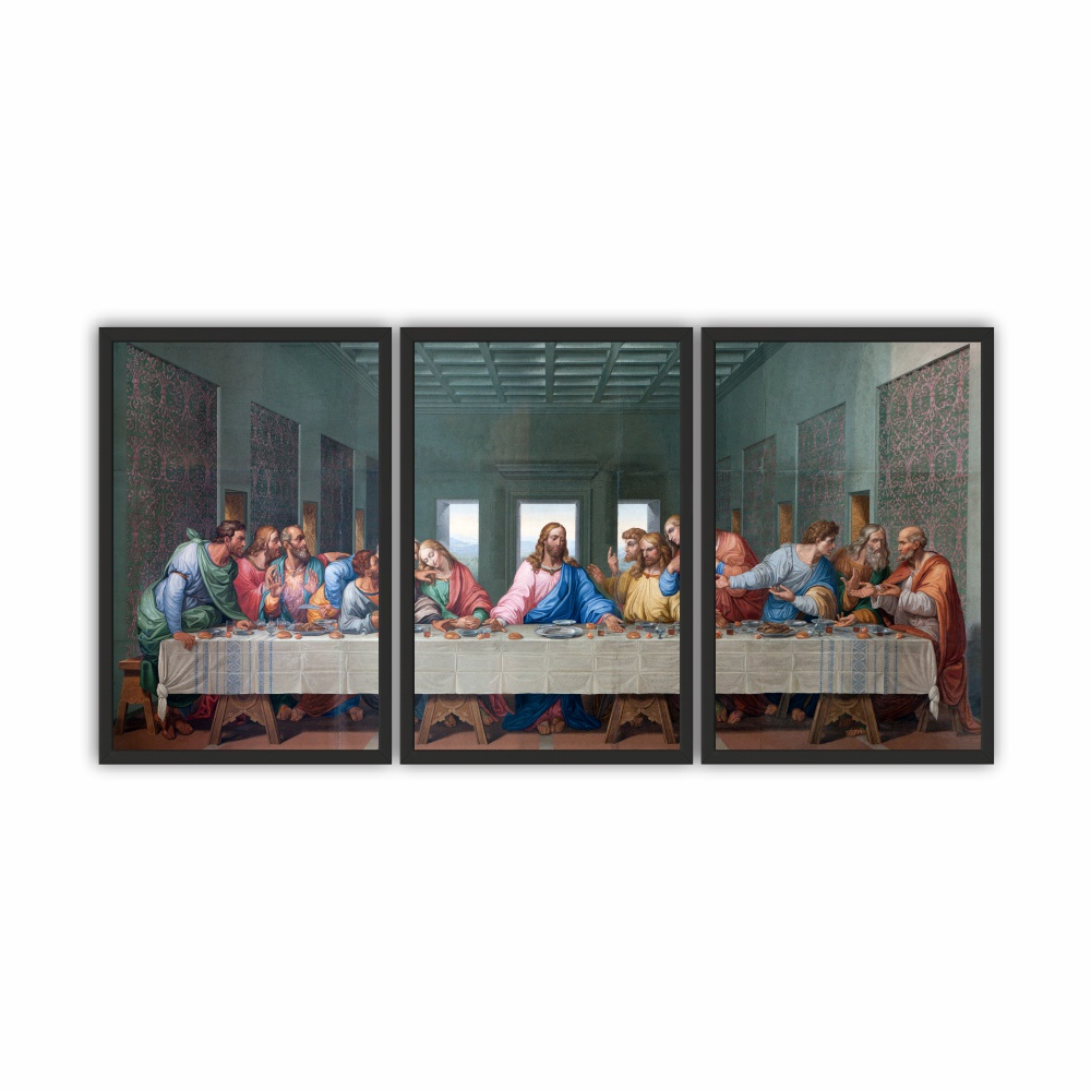 Kit Quadros Decorativos Moldura Madeira 120x60 Última Santa Ceia de Jesus Cristo para Decoração de Sala Quarto Hall e outros Ambientes
