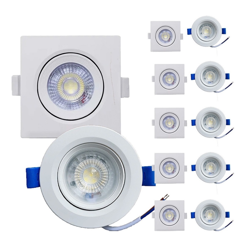 Kit 10un Luminária Spot Led 7W 10W Redondo Quadrado Embutido Bivolt 6500k 3000k