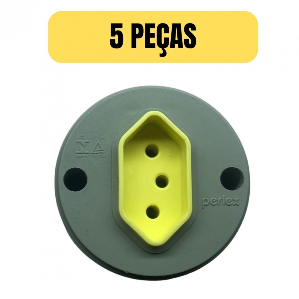 KIT 5 TOMADA SOBREPOR 2P+T 10AMP REDONDA 250V CINZA PERLEX