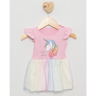 Vestido Bebê Tule Estampa Unicórnio Rosa