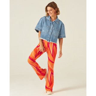 Calça Feminina Flare Abstrata Em Canelado De Viscose