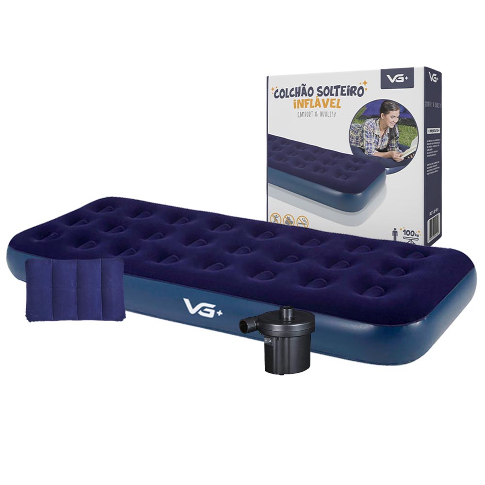 Colchão Solteiro Infável + Travesseiro + Bomba Elétrica Vg Plus em Oferta na Shopee