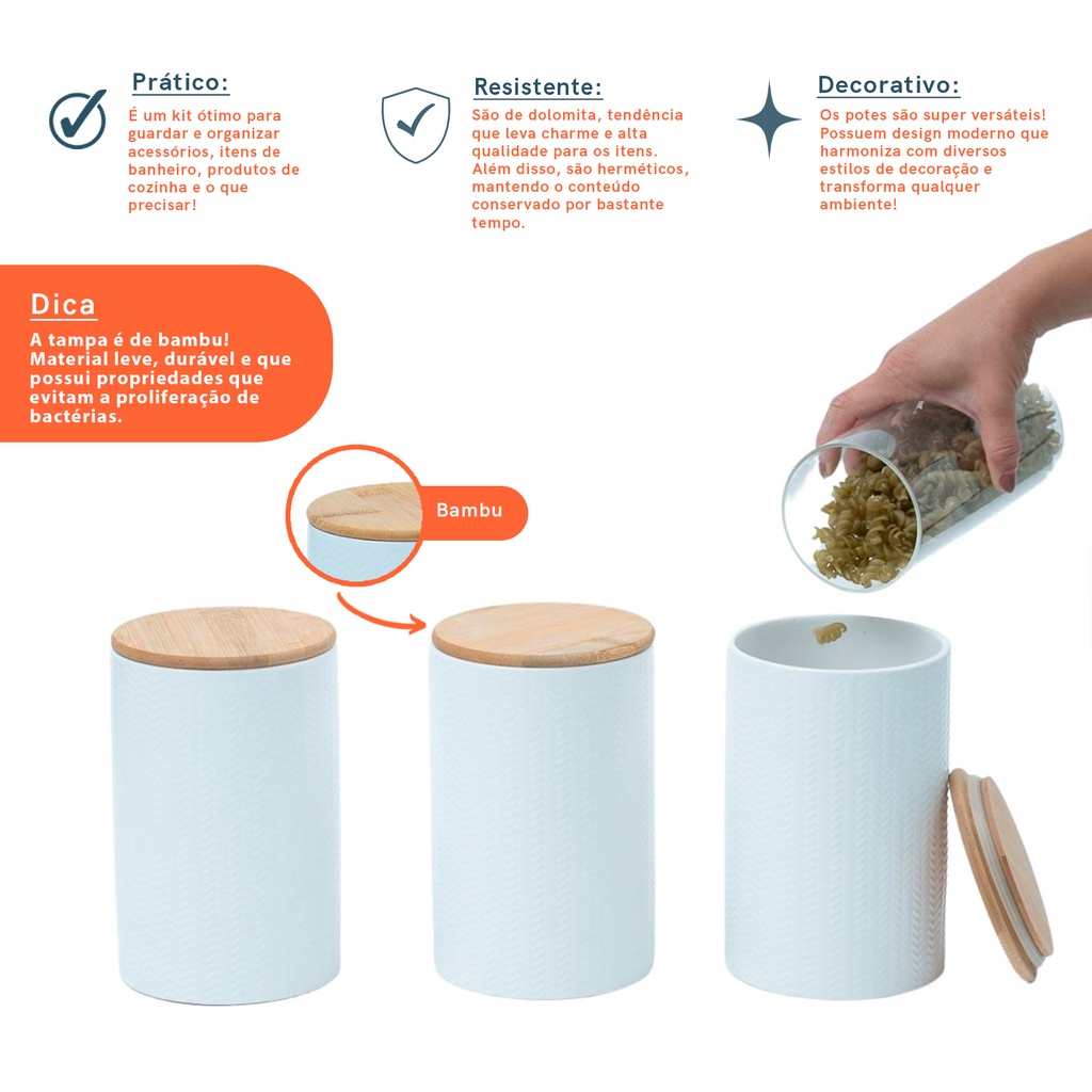 Detalhes do Kit 3 potes dolomita com tampa de bambu zig zag 1,5l - Oikos