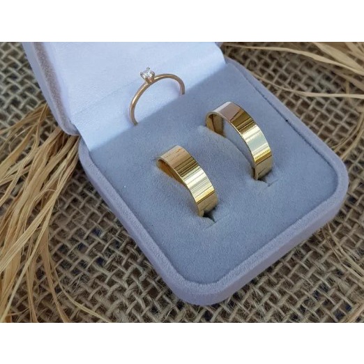 Par de anel Aliança Reta 6mm compromisso Banho de ouro 18k + Anel solitário (COD-65)