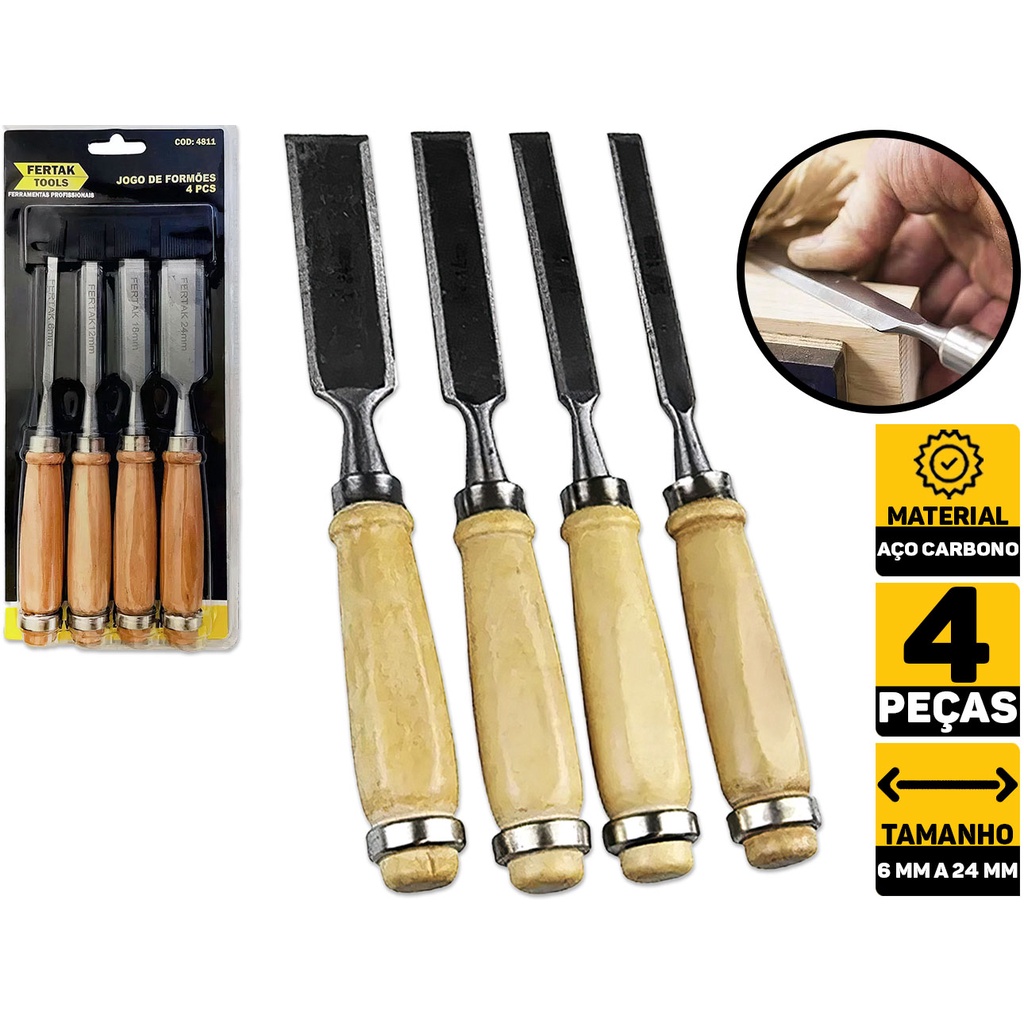 Jogo De Formões Para Madeira Entalhador Entalhe 4 Pcs Fertak 4811 em Oferta na Shopee