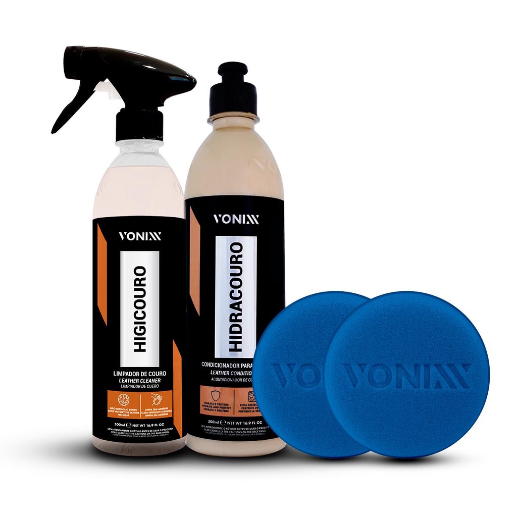 Kit Vonixx Limpar Hidratar Couro Higicouro + Hidracouro + Aplicador de Espuma Automotivo