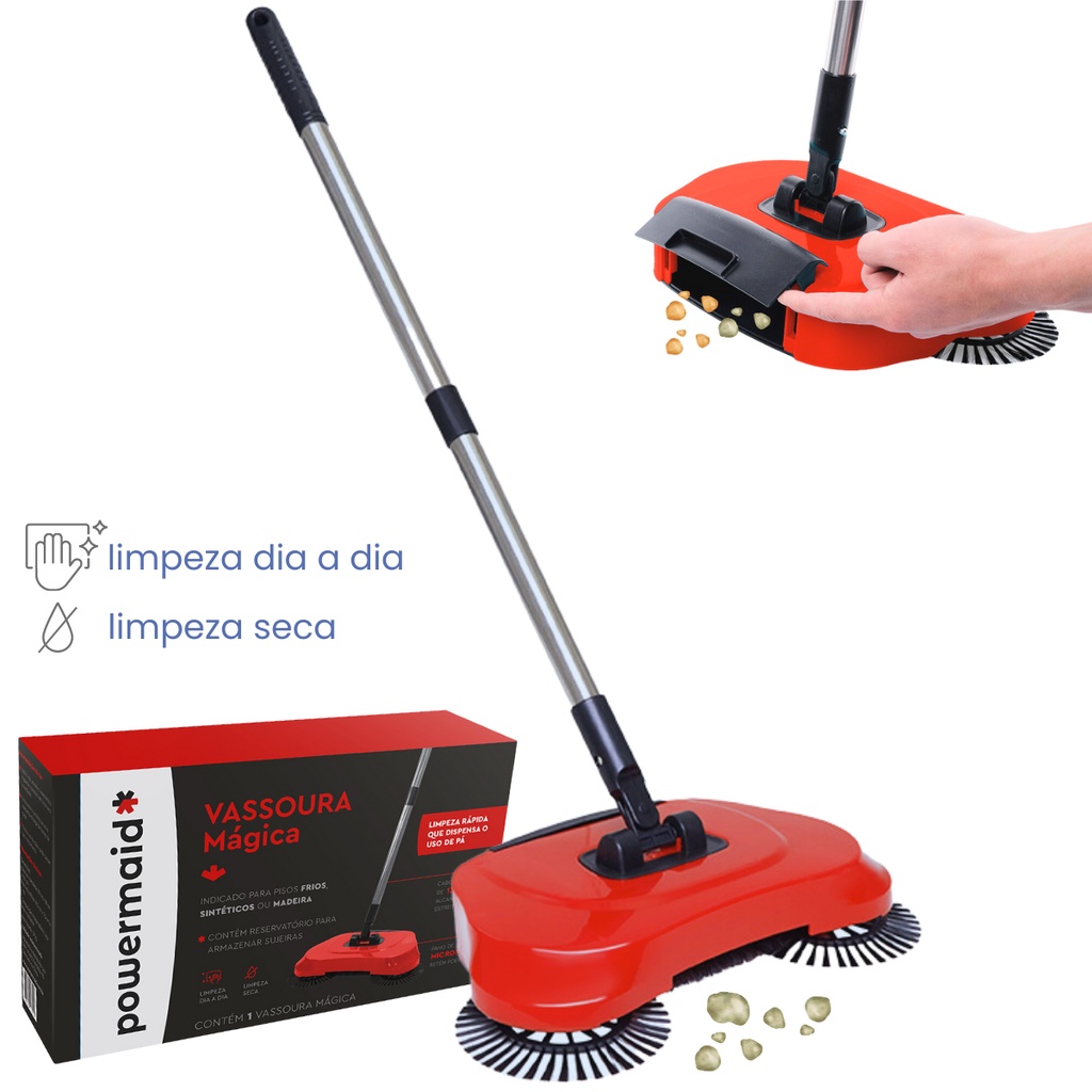 Vassoura Mágica Cerdas Giratórias Pano Microfibra Limpeza - Powermaid