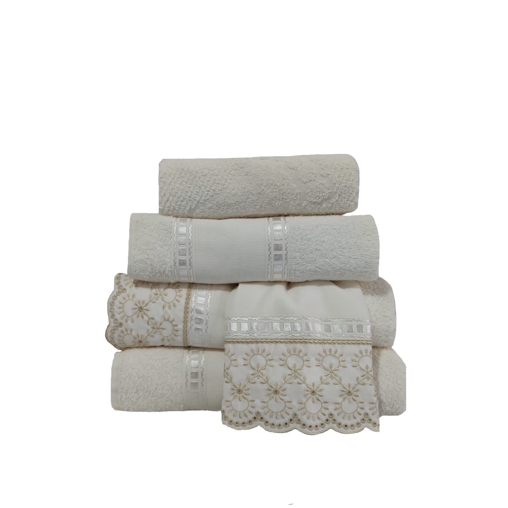 Jogo De Toalha Banho Luxo Barrado Bordado 5 Peças Palha
