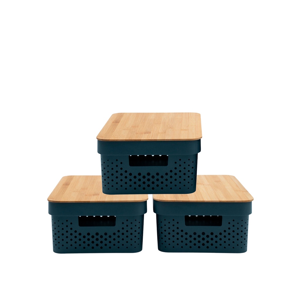 Kit 3 caixas organizadoras multiuso empilhável com tampa de bambu poá 10L cinza escuro - Oikos - Home & Living
