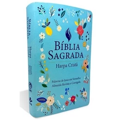 Bíblia Sagrada | ARC | Letra Grande | Harpa Cristã | Capa Luxo Floral Azul Claro