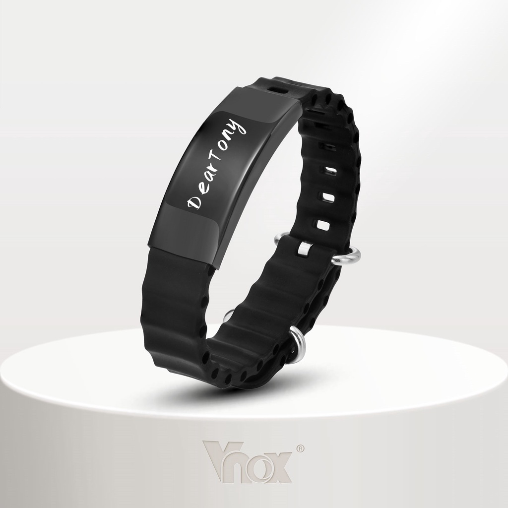 Vnox Pulseira Personalizada De Etiqueta De Identificação Para Homens , Fita De Silicone Preta Jóias Com De Aço Inoxidável