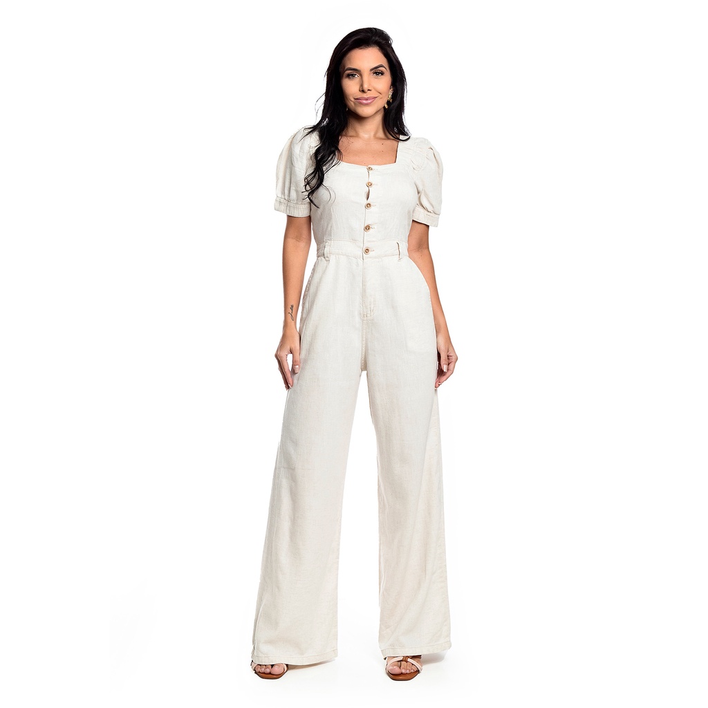 Macacão Feminino Pantalona de Linho com Mangas Alfaiataria