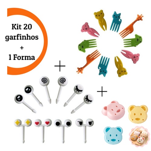 Kit 20 Garfinhos + 1 Forma Petisco Lancheira Olhinho Animais