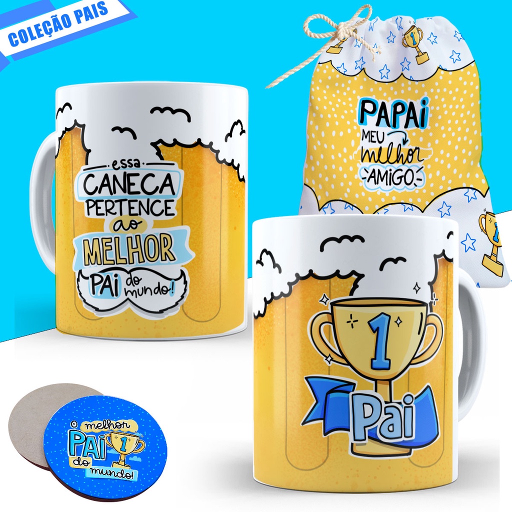 Caneca Dia dos Pais Lembrancinha Presente Pai Padrasto Personalizado Avô Avo Cesta Saquinho e Porta Copo Porcelana