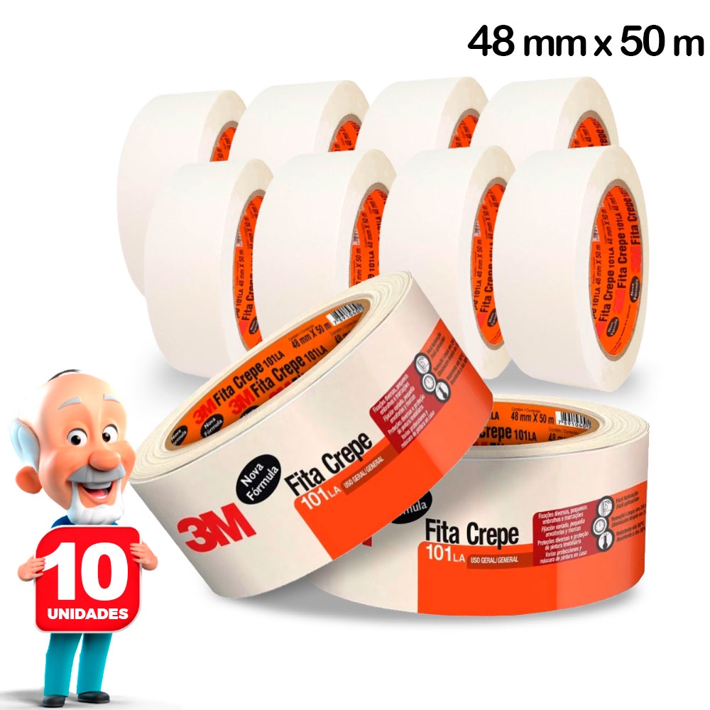 Fita Crepe 3M Formula 101LA Larga 48mm x 50m Bege - Pacote com 10 rolos