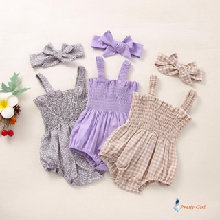 Mellifluous-Baby Girls Summer Sleeveless Frill Smocked Strap Romper Com Fita De Cabeça