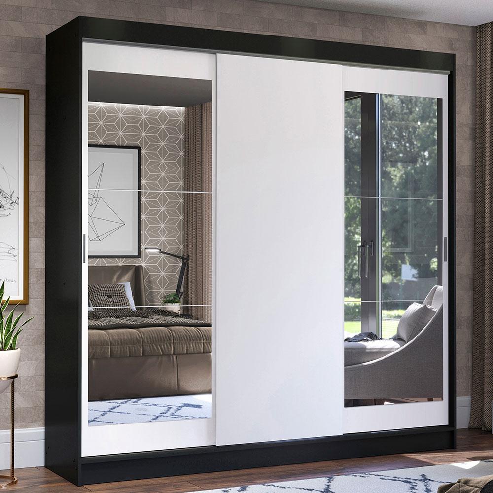 Guarda-Roupa Casal Madesa Istambul 3 Portas de Correr com Espelhos 3 Gavetas - Preto/Branco