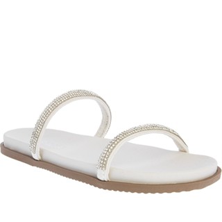 Rasteira Gabriela Flat Tiras Strass Camurça Off White
