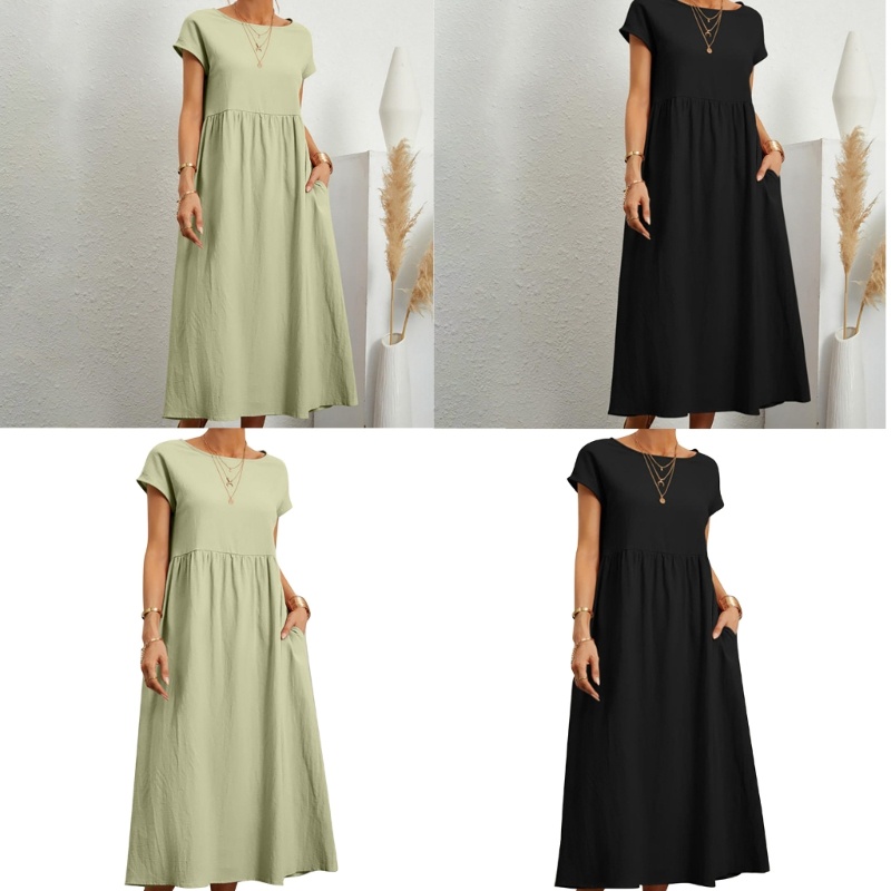 Vestido Longo Kaftan Feminino , Casual , Solto , Verão , Algodão , Linho , Com Bolsos , Manga Curta , Gola Redonda