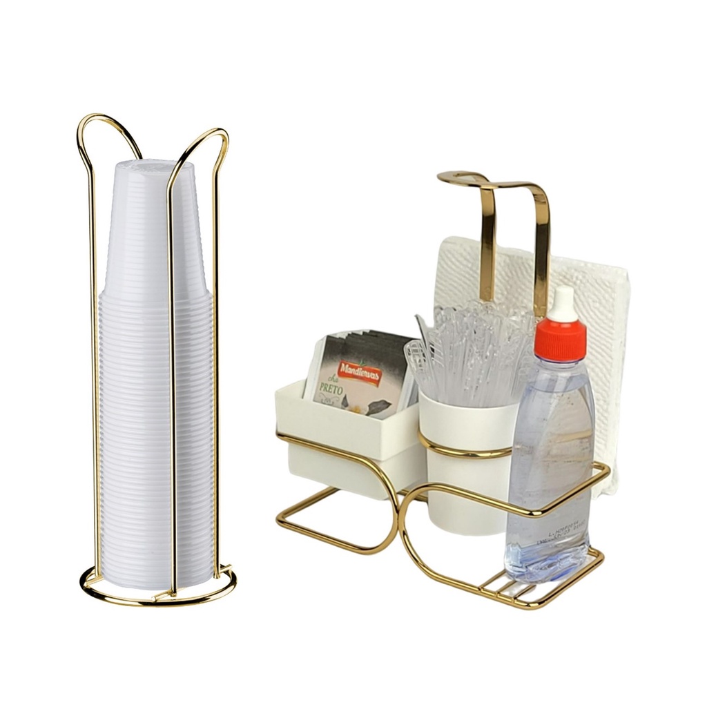 Kit Café 2 Peças Suporte Copos 200ml Porta Sachês Guardanapos Adoçante Dourado - Future