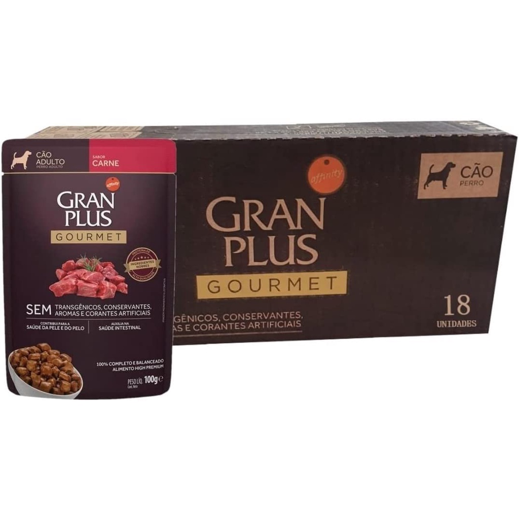 Caixa 18un Ração Úmida Sachê GranPlus Gourmet Cães Adultos Carne 100g em Oferta na Shopee