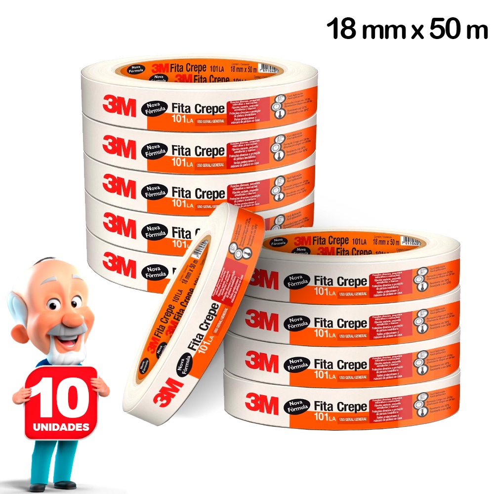 Fita Crepe 3M Formula 101LA Fina 18mm x 50m Bege - Pacote com 10 rolos