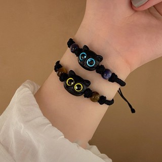 Pulseira De Corda De Gato Preto Tecido À Mão Casal Contas Retro Acessórios De Jóias Fofas
