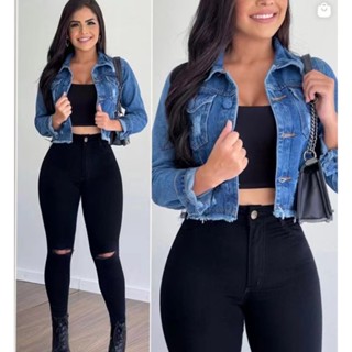 Jaqueta jeans croppedbotao forro