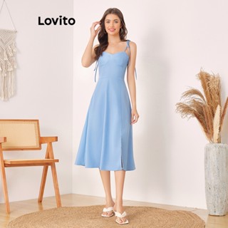 Lovito Vestido A-Line com Amarração e Renda Simples para Mulheres L56ED122 (Azul)